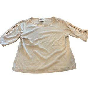 Cotton Connection Silk Cotton Blend Lattice Cage Sleeve Sweater Top Beige M